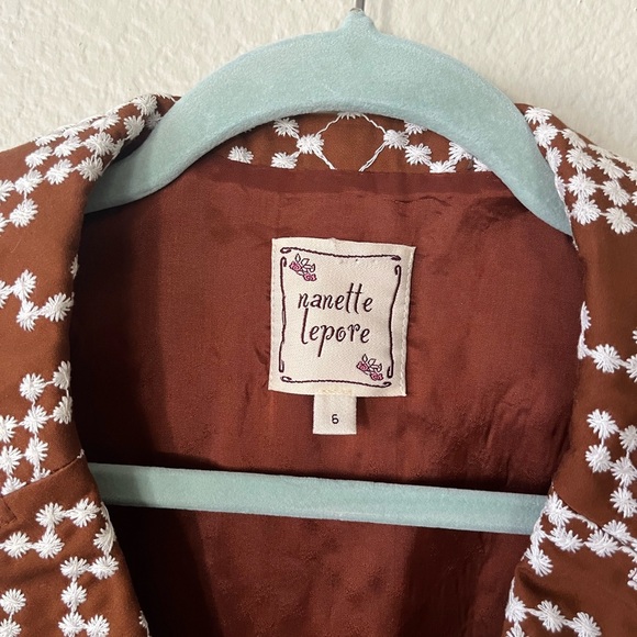Vintage Nanette Lepore Brown White Atomic Embroidered Retro Jacket Women Size 6 - Picture 11 of 16